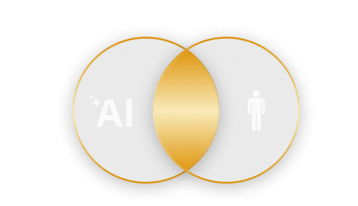 A black and gold circular graphic featuring white text that reads "Enhance Service Quality Al Automation AI Human Oversight."