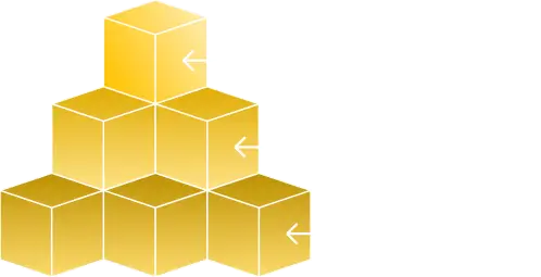 A diagram featuring a pyramid made of cubes, illustrating concepts of efficiency boost, staff training, and free assistance. The design incorporates a yellow color scheme and origami style elements.